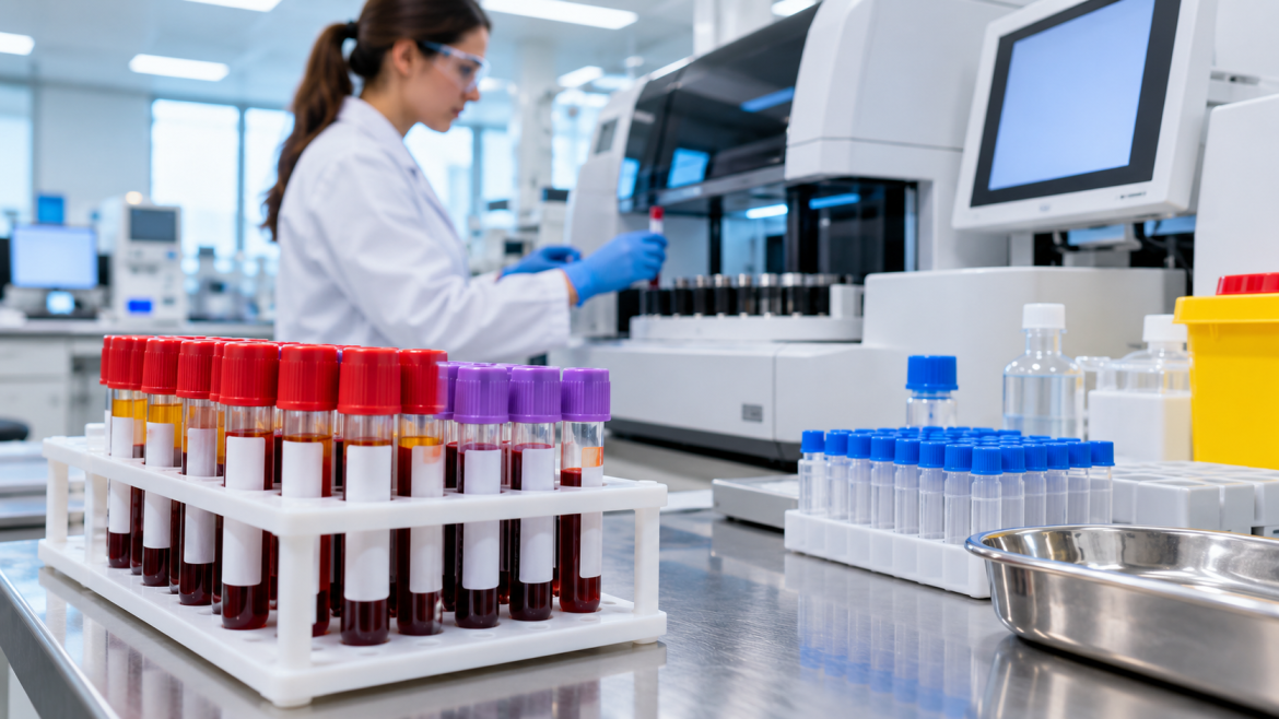 Ultra-realistic bright medical laboratory close-up showing blood sample tubes prepared for creatinine and urea testing beside a modern biochemical analyzer, professional laboratory specialist working in the background, realistic hands, glass, plastic, metal and laboratory textures, vivid saturated colors, crisp professional lighting, premium clinical laboratory photography, all tube labels, screens and result sheets completely unreadable, no text, no letters, no numbers, no logos, no watermarks, 16:9