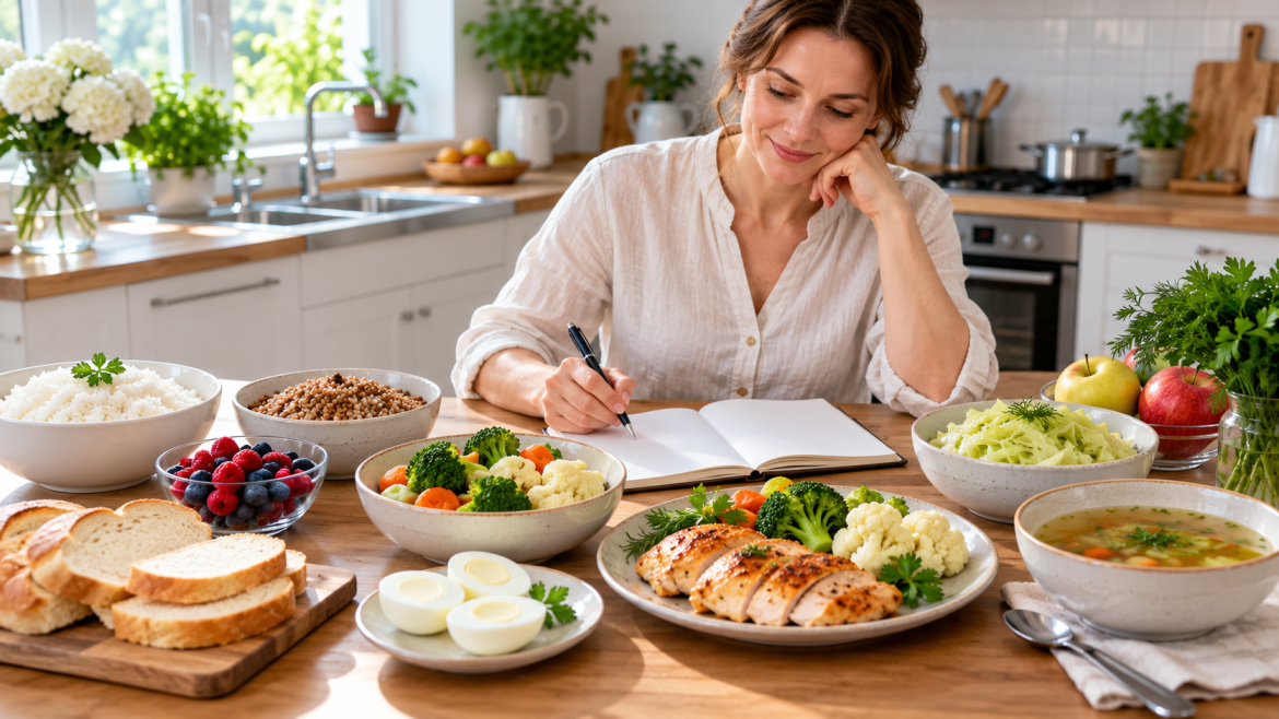 Ultra-realistic bright healthy nutrition scene showing a kidney-friendly diet arranged on a clean kitchen table, including boiled rice, buckwheat, steamed vegetables, cauliflower, cabbage, apples, berries, white bread, egg whites, baked chicken and light soup, adult Slavic woman planning meals nearby, realistic face, hands, food, ceramic, glass and kitchen textures, vivid saturated but natural colors, soft daylight, premium medical nutrition editorial photography, appetizing balanced presentation, no packaging labels, no text, no letters, no numbers, no logos, no watermarks, 16:9